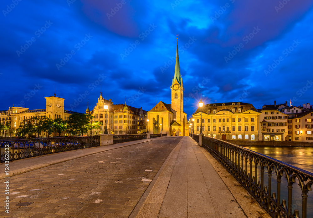 Naklejka premium Night view of historic Zurich city center on summer, Canton of Zurich, Switzerland.