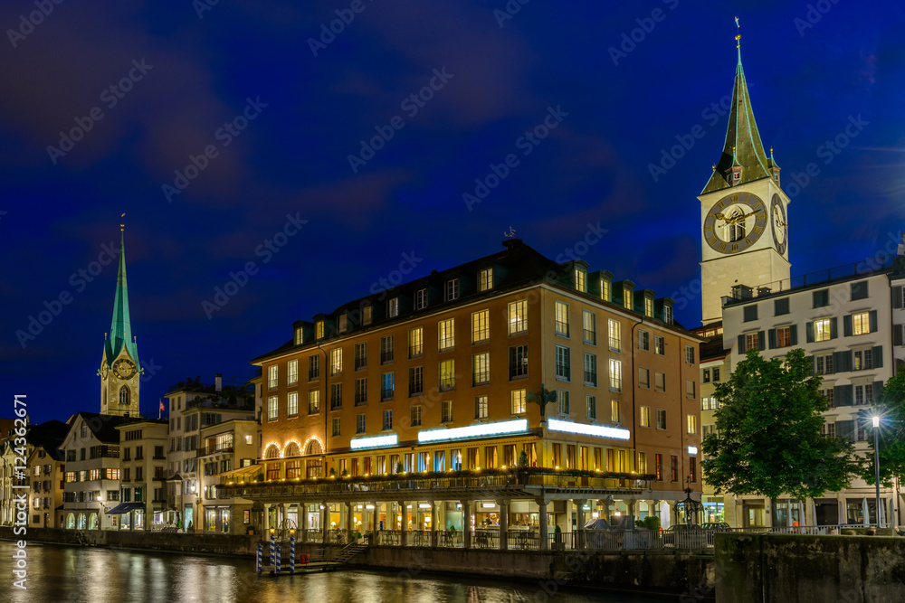 Night view of historic Zurich city center  on summer, Canton of Zurich, Switzerland.