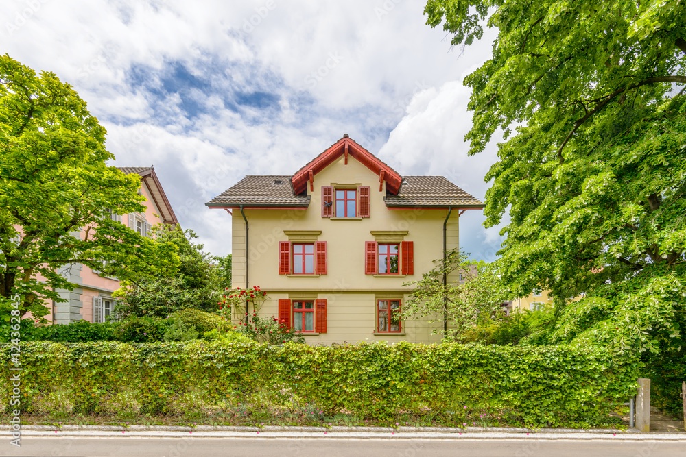 A perfect neighborhood. Houses in suburb at Spring in the Zurich, Switzerland.