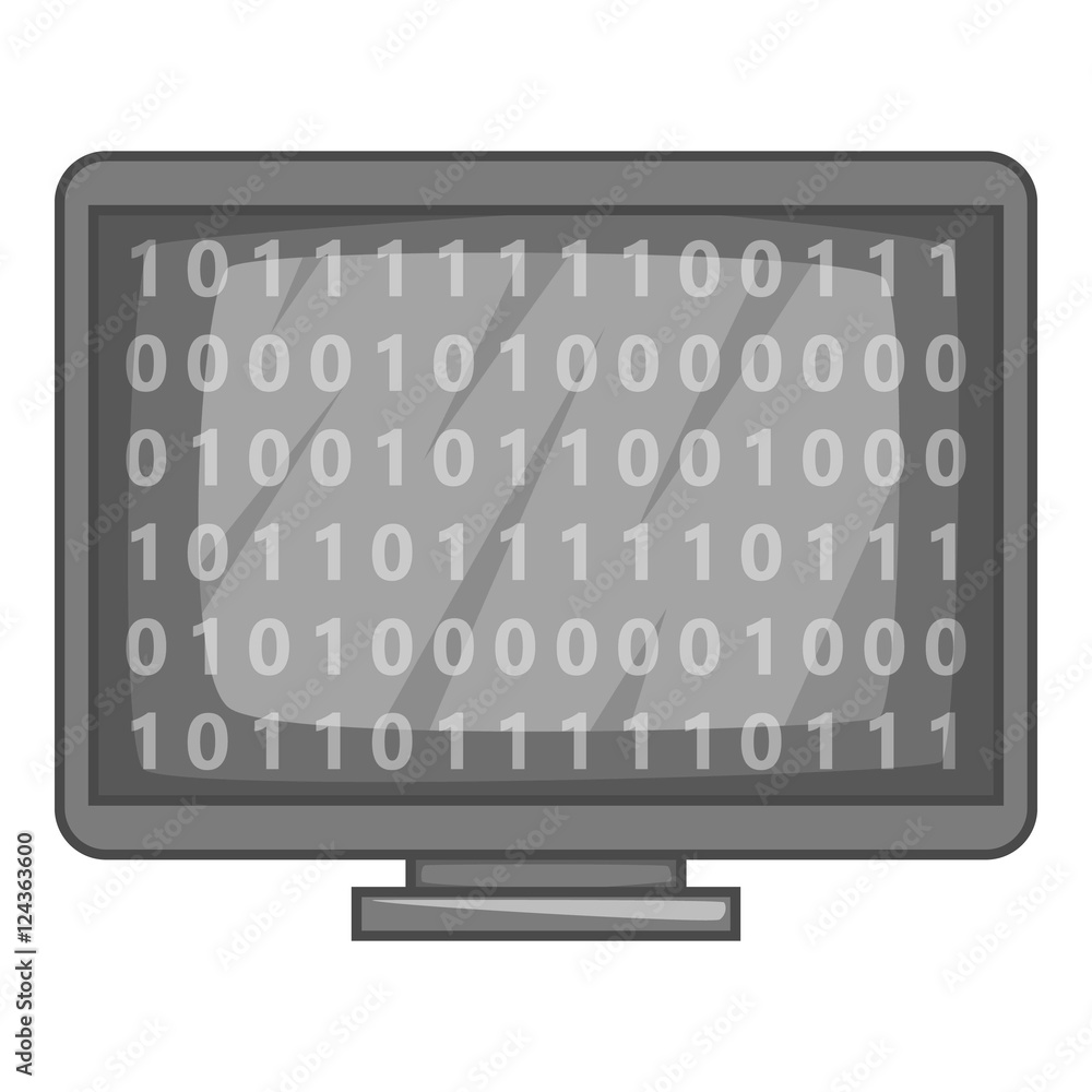 Binary code on monitor icon. Gray monochrome illustration of binary code on monitor vector icon for web Binary code on monitor icon. Gray monochrome illustration of binary code on monitor vector icon for web