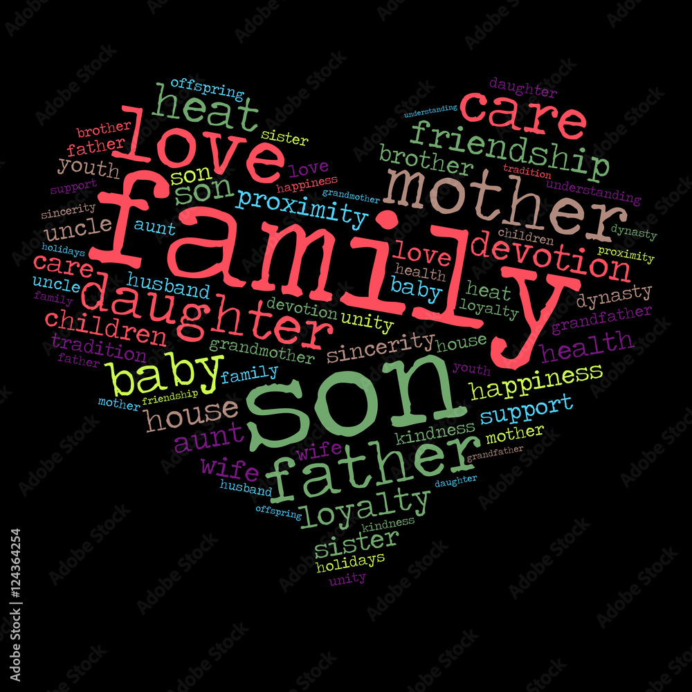Family word cloud in shape of heart. Social concept. Black background. Family word cloud in shape of heart. Social concept. Black background.