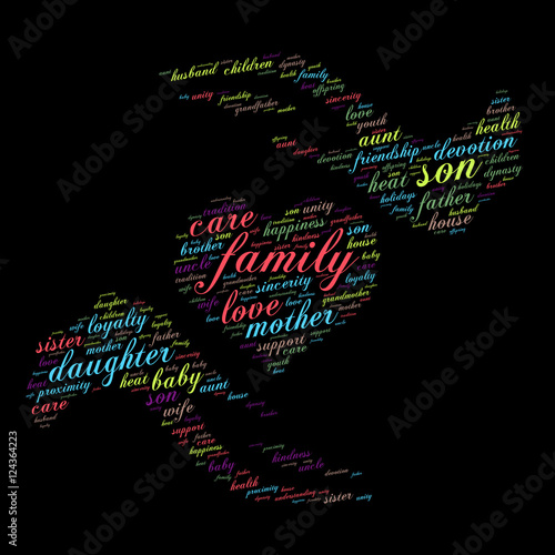 Family word cloud in shape of heart and two palms. Social concept. Black background.