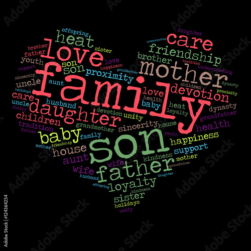 Family word cloud in shape of heart. Social concept. Black background.