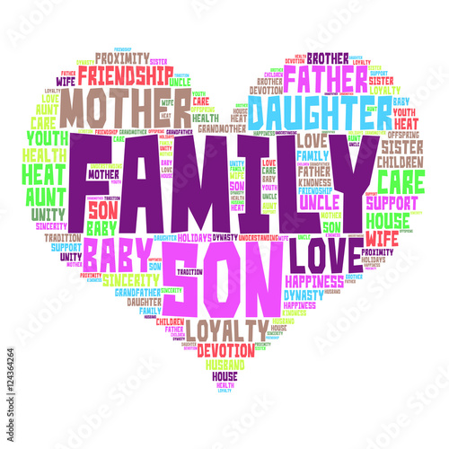 Family word cloud in shape of heart. Social concept. White background.