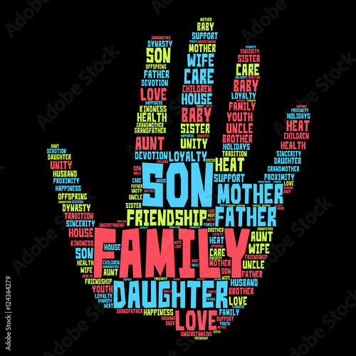 Family word cloud in shape of open palm. Social concept. Black background.