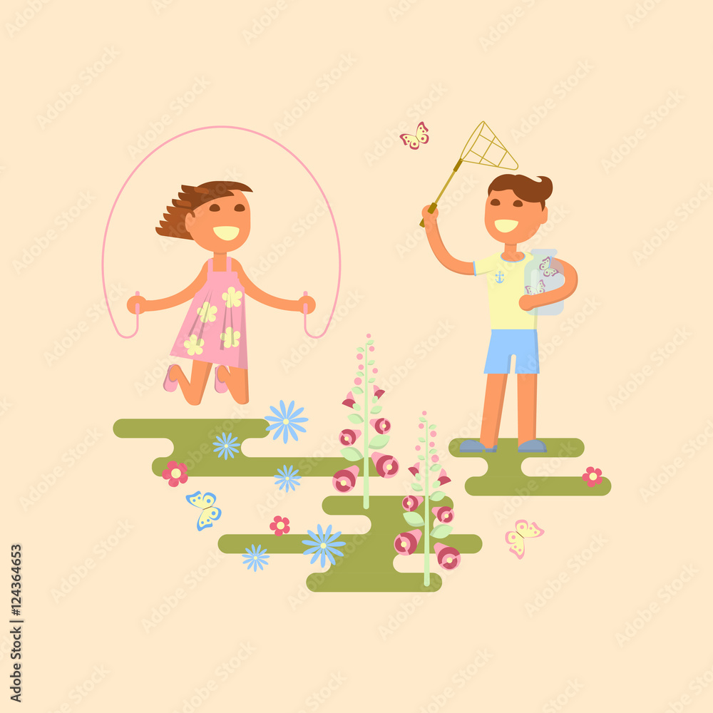 Illustration of kids playing outdoors in summer. Baby on a flower meadow - girl with skipping rope and boy is catching butterflies with a net. Flat design of season. Vector illustration eps Illustration of kids playing outdoors in summer. Baby on a flower meadow - girl with skipping rope and boy is catching butterflies with a net. Flat design of season. Vector illustration eps