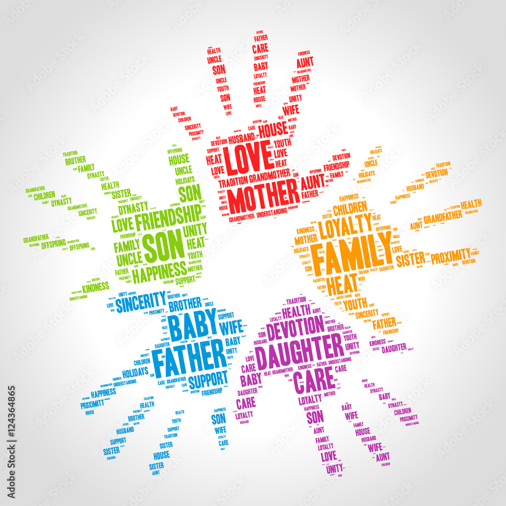 Family word cloud in shape of five open palms. Social concept. Gradient background. Family word cloud in shape of five open palms. Social concept. Gradient background.
