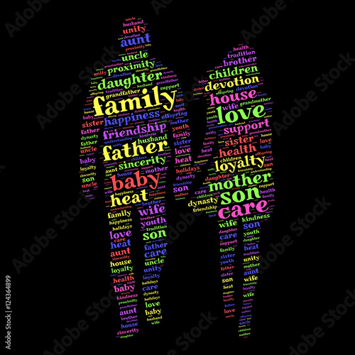Family word cloud in shape of young couple. Social concept. Black background.