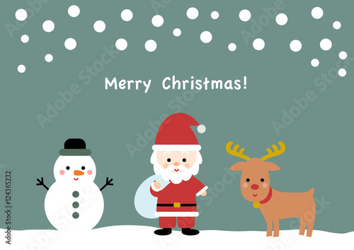 クリスマスのイラスト: サンタクロースとトナカイと雪だるま 
