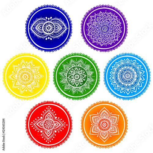 Bohemian Indian chakra Mandalas. Vintage Henna tattoo style Indi