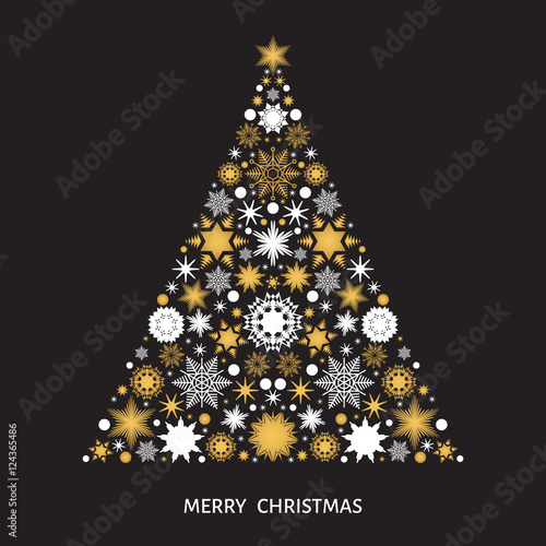 Christmas tree with  gold and white  snowflakes, xmas elements a