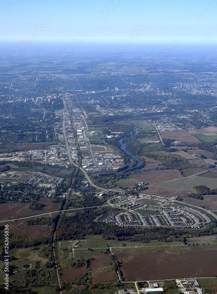 aerial view of neighborhoods along the Grand Riverin  Kitchener Waterloo, Ontario Canada