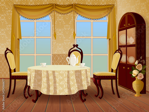 Cartoon light living room interior in classic vintage style.