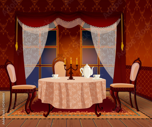 Cartoon dark living room interior in classic vintage style.