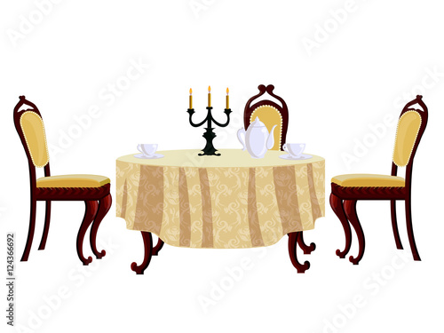 Cartoon dining table and chair in vintage style for dining room, isolated on white.