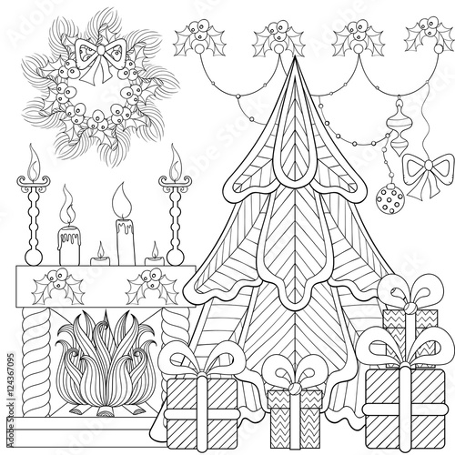 Patterned Christmas home interior with fireplace, Christmas tree