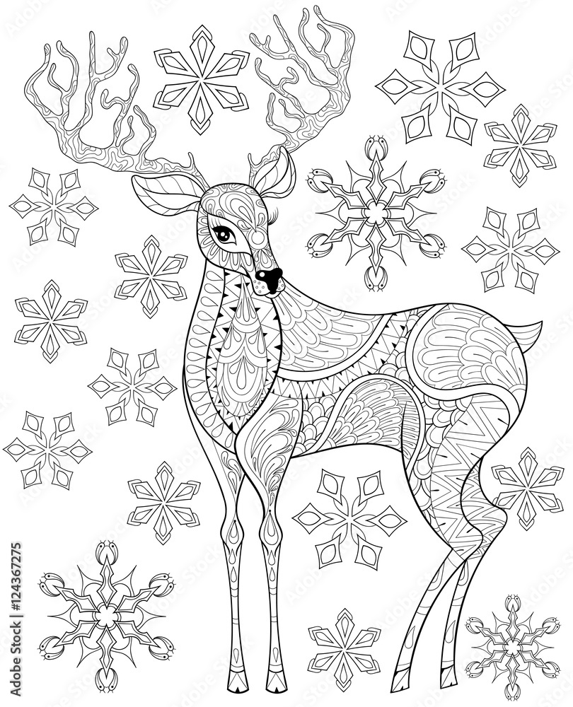 Fototapeta premium Vector zentangle Christmas Reindeer on snowflakes for adult anti