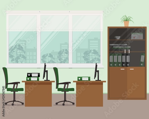 Workplace of office workers in green color. Vector flat illustration. There is a tables, a chairs, case for documents and other objects in the picture