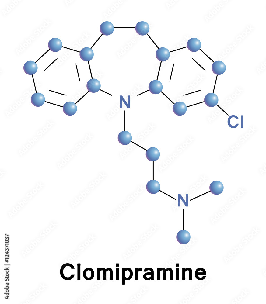 Clomipramine is a tricyclic antidepressant (TCA). It is used for the treatment of obsessive compulsive disorder, panic disorder, major depressive disorder, and chronic pain. Vector structure of drug. Clomipramine is a tricyclic antidepressant (TCA). It is used for the treatment of obsessive compulsive disorder, panic disorder, major depressive disorder, and chronic pain. Vector structure of drug.