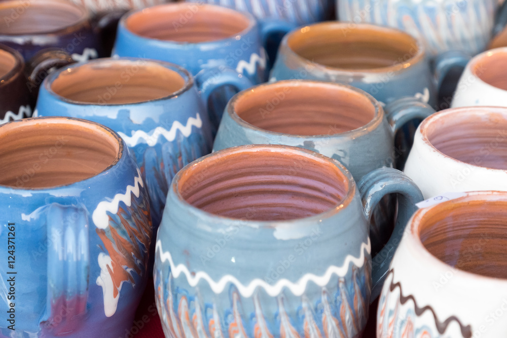 Colorful ceramic pottery on display to be sold