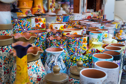 Colorful ceramic pottery on display to be sold