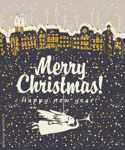 Christmas card, night winter cityscape with angel