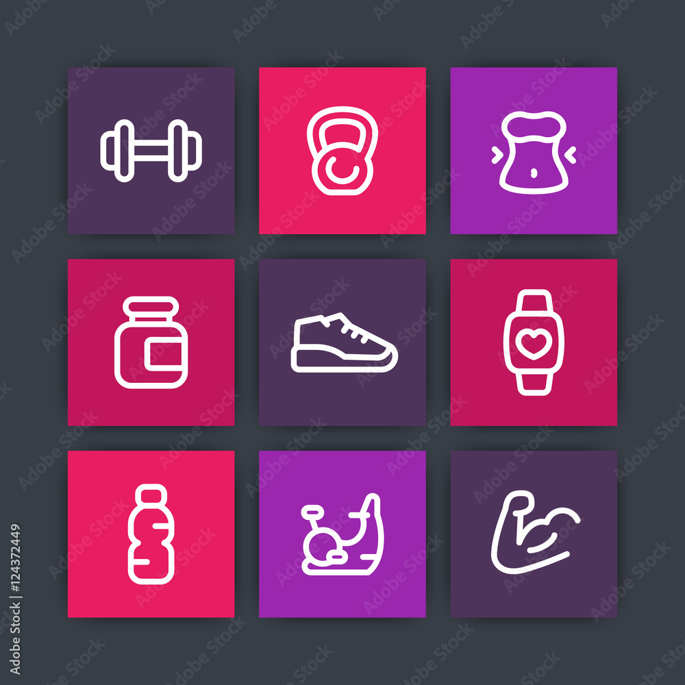 Gym, fitness training icons, line pictograms Gym, fitness training icons, line pictograms