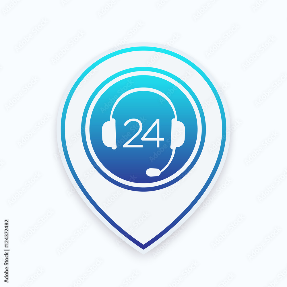 headphone icon on map pointer, 24 support service, vector illustration headphone icon on map pointer, 24 support service, vector illustration