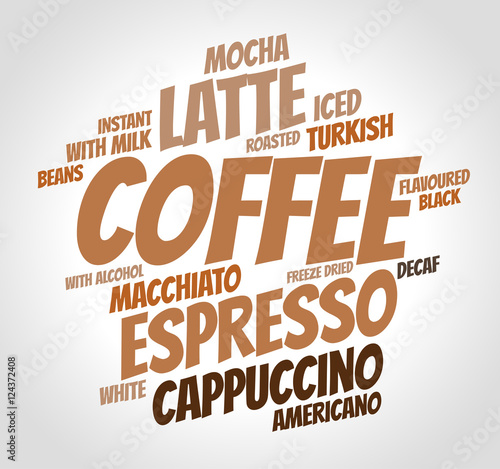 Coffee word cloud on gradient background. Drink concept.