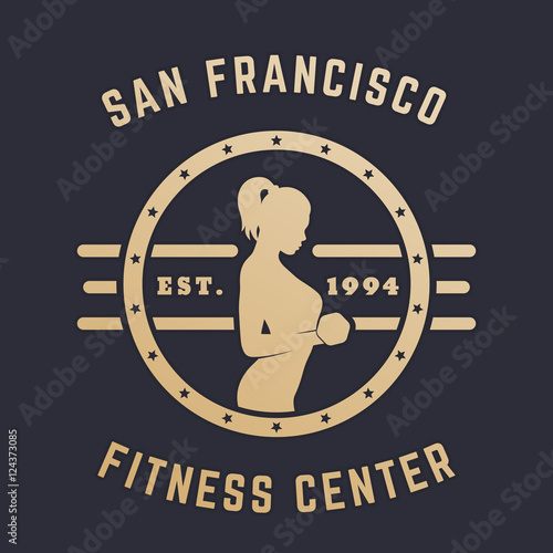 Round Vintage emblem, logo with exercising girl, gold on dark