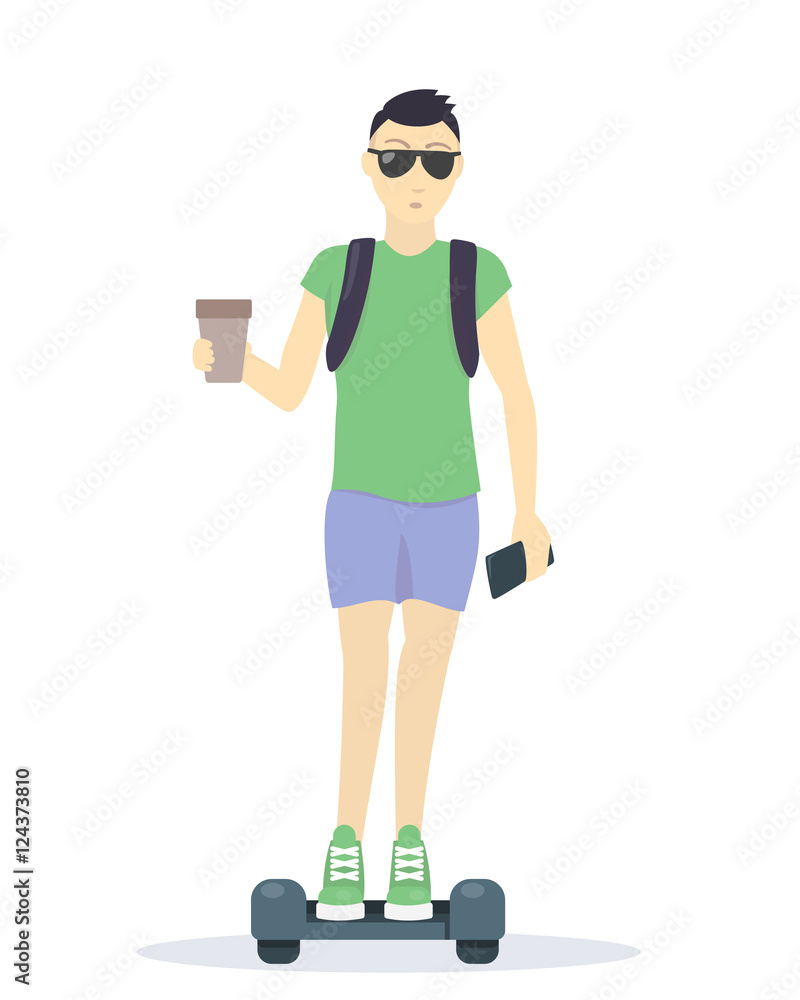 Young tourist, boy on hoverboard, isolated on white Young tourist, boy on hoverboard, isolated on white