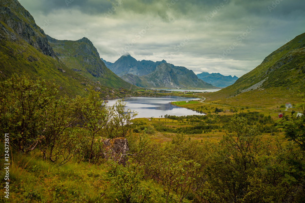 Panoramic view of the mountain valley with fjord in rainy day, Beautiful nature of Norway. Lofoten islands