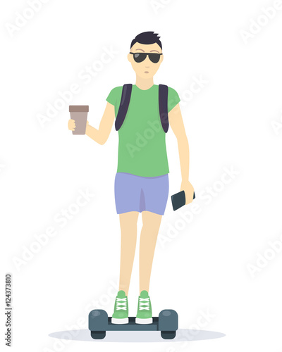 Young tourist, boy on hoverboard, isolated on white