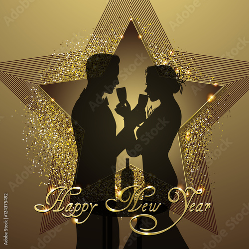 New year background couple silhouette sharing glass of champagne