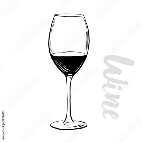 Wine,glass, cork, corkscrew. set in ihand drawn style.