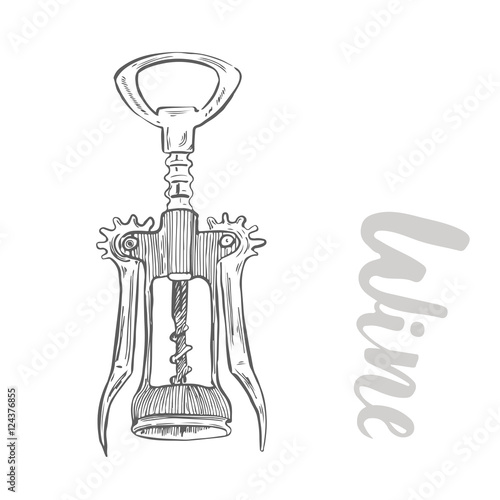 Wine,glass, cork, corkscrew. set in ihand drawn style.