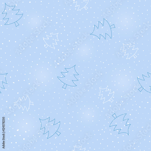 Seamless doodle pattern of snowflakes and Christmas trees on a blue background. Winter snowing illustration, holiday vector texture. Repeat design, useful for print, card, banner, cover, wrapping