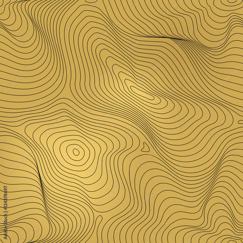 Vector golden geometric seamless pattern, curved lines, gold foil background with 3D visual effect. Abstract dynamic rippled surface, illusion of movement, curvature. Repeat design for tileable print