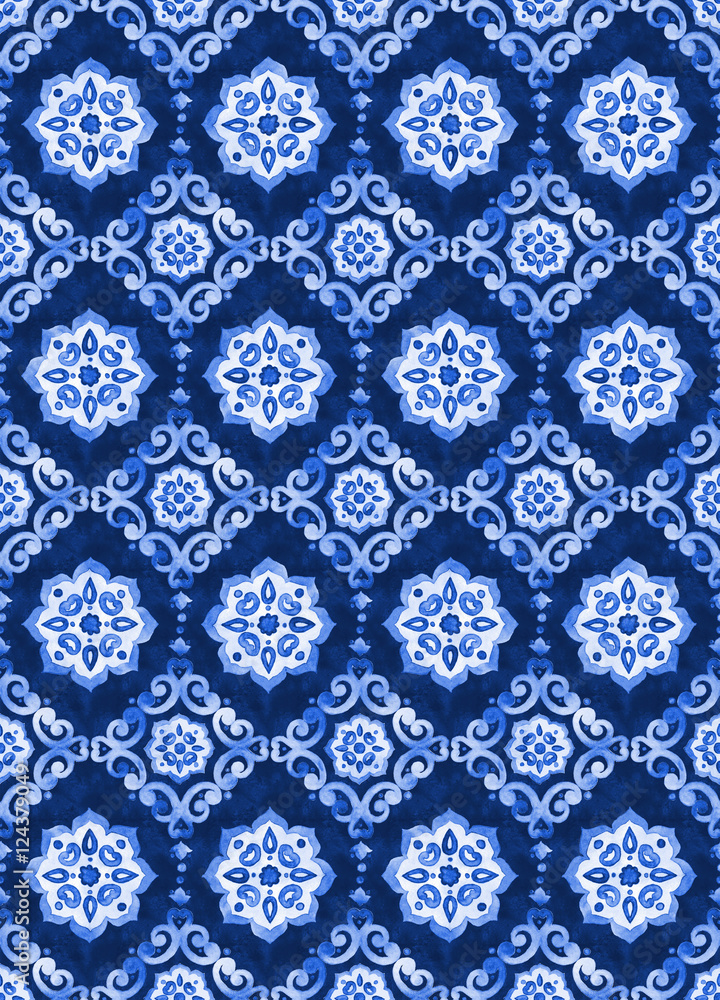 Watercolor royal blue velour seamless pattern