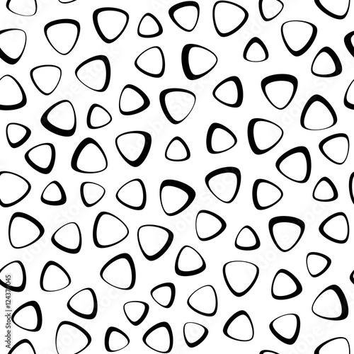 Vector monochrome seamless pattern, black geometric triangle spots on white background. Abstract endless texture for fabric print, card, table cloth, furniture, banner, cover, decoration, wrapping