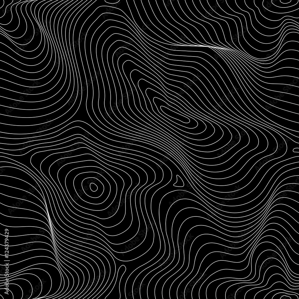 Vector monochrome seamless pattern, curved lines, dark background with visual halftone 3D effect. Abstract dynamical rippled surface, illusion of movement, curvature. Repeat design for tileable print