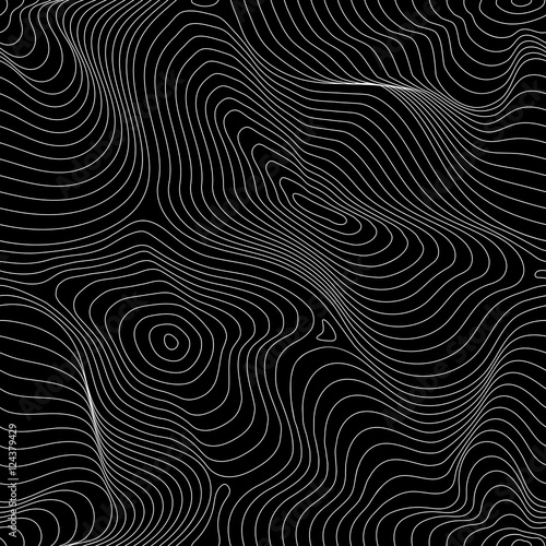 Vector monochrome seamless pattern, curved lines, dark background with visual halftone 3D effect. Abstract dynamical rippled surface, illusion of movement, curvature. Repeat design for tileable print