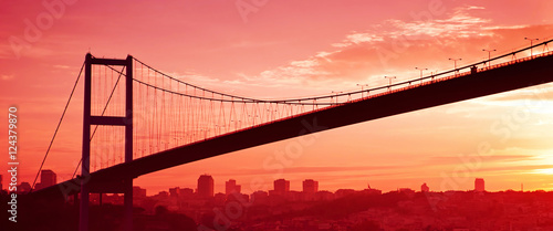 Bosphorus Bridge in Istanbul at sunset. Panorama