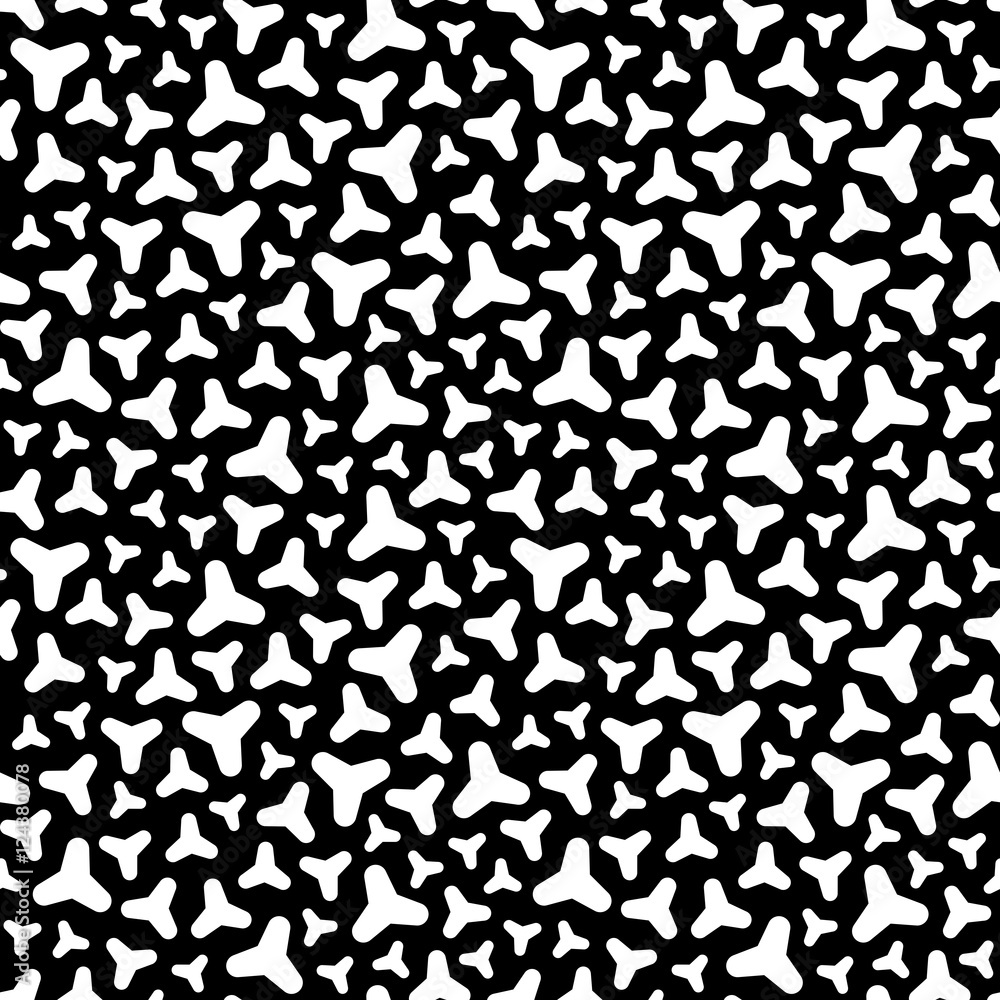 Vector monochrome seamless pattern, rounded figures, white geometric spots on black background, chaotic rotation. Abstract modern texture for prints, decoration, textile, wallpaper, digital, web