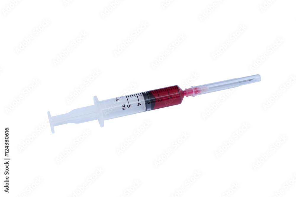 syringe with drop red blood liquid isolated on white background. syringe with drop red blood liquid isolated on white background.