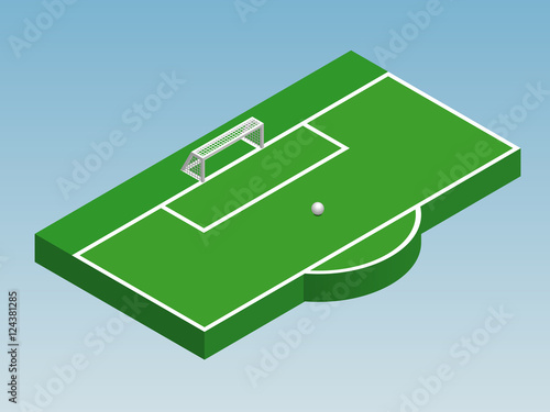 3D isometric illustration of football goal, part of football field, penalty area with ball. Vector illustration of soccer pitch, sport theme. Isolated editable design element for infographics, banner