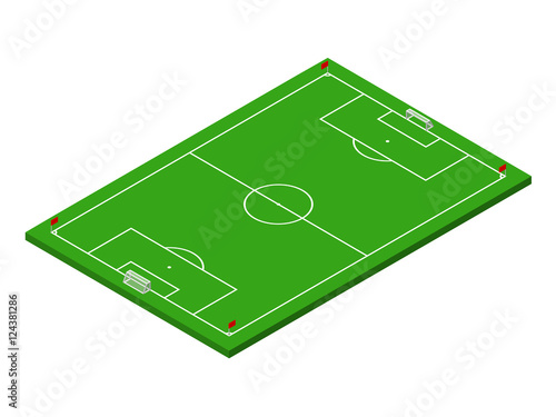 3D isometric green football field with official correct proportions. Sport theme vector illustration, soccer sports field, stadium. Isolated editable design element for infographics, banner, collage