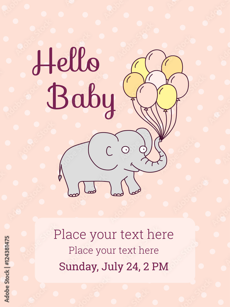 Baby Shower / Birthday party invitation card template. Vector illustration, cartoon elephant with air balloons on pink background. Cute design elements for postcard, invitation, banner, flyer, card Baby Shower / Birthday party invitation card template. Vector illustration, cartoon elephant with air balloons on pink background. Cute design elements for postcard, invitation, banner, flyer, card