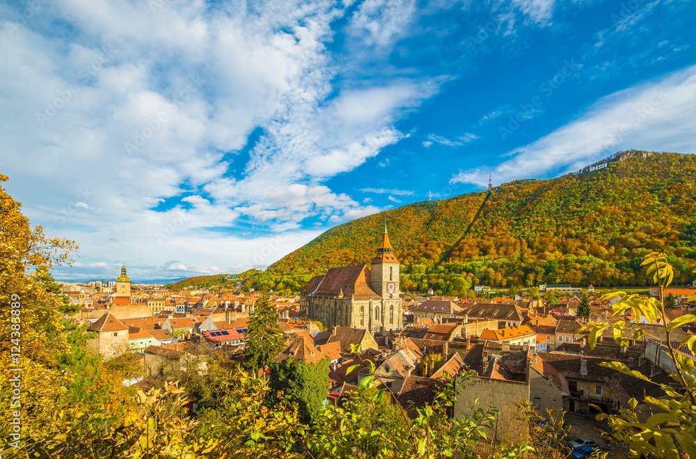 Panoramic view over Brasov in autumn season , the most beautiful and medieval place of Transylvania, Romania.