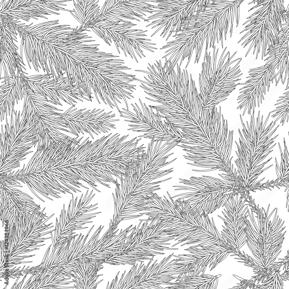 Vector fir branches seamless pattern. Black and white background with outline hand drawn fir. Design for fabric, textile print, wrapping paper. Winter holidays texture.